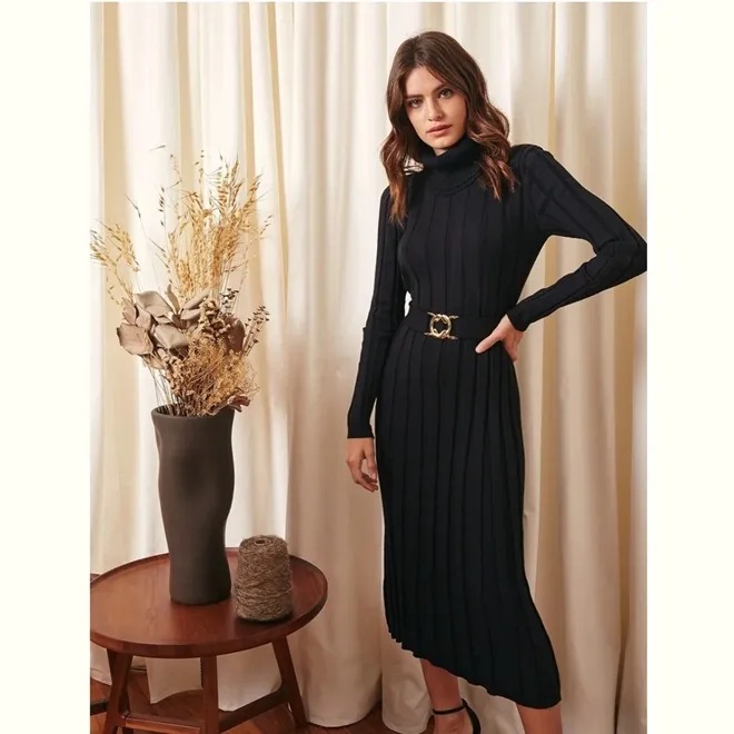 Vestido Midi Vestido De Tricot Longo Preto Vestido Tricot Canelado